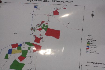 TSUMKWE, 29 July 2014 – All fences illegally erected in Tsumkwe West will be removed by February next year, Otjozondjupa Communal Land Board chairperson Jeaneth Kuhanga said on Tuesday. Pictured is a map that displays the fenced-off and unfenced land in Tsumkwe West. (Photo by: Mulisa Simiyasa) NAMPA 