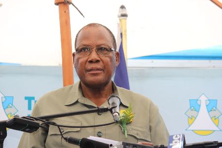 WINDHOEK, 20 January 2015 - The Minister of Works and Transport Erkki Nghimtina pictured during his keynote address at the occasion of TransNamib's Commissioning of five locomotives. (Photo by: Rafael Hangula) NAMPA 