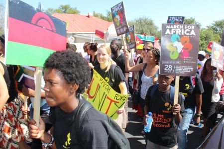 WINDHOEK, 28 April 2015 - Namibians from all ages take part in the march againist xenophobia in South Africa. They marched through Sam Nujoma and Nelson Mandela Avenues to South Africa High Commission in Namibia where the they handed over a petition and a letter addressed to President Jacob Juma that were received by the Political Counsellor and Deputy Head of the Mission Gareth Rees. (Photo by: Joseph Nekaya) NAMPA