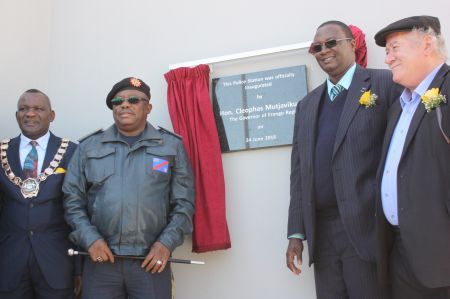 AFRODITE, 24 June 2016 - (From left) Walvis Bay mayor Immanuel Wilfred, NamPol Inspector-General, Lieutenant-General Sebastian Ndeitunga; Erongo Governor Cleophas Mutjavikua and Walvis Bay businessman John Savva at the inauguration of the Yanni Savva Police Station at Afrodite Beach. (Photo by: Paulus Kiiyala Shiku) NAMPA