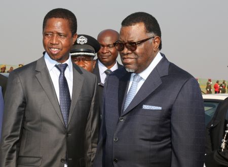 LUSAKA, 29 July 2016 - Zambian President Edgar Lungu (left) and his Namibian counterpart Hage Geingob watch the cultural performances during Geingob's arrival at the Kenneth Kaunda International Airport for his two-day official visit. (Photo by: Maria Chigariro) STATE HOUSE