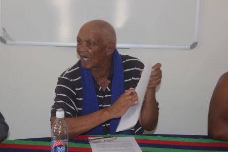 OTJIWARONGO, 26 October 2016 - A member of the Swapo-Party Elders’ Council at Otjiwarongo, Lazarus Guiteb reads the statement objecting to the demands made by some pensioners to have Otjiwarongo Chief Executive Officer Ismael /Howoseb and constituency councillor Julius Neumbo removed. (Photo by: Mulisa Simiyasa) NAMPA