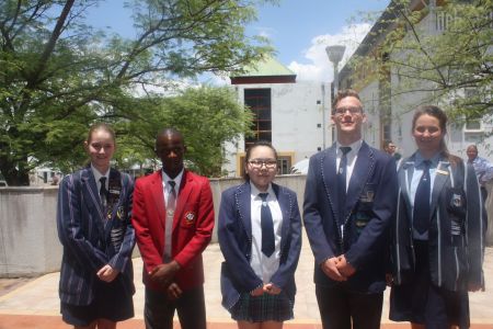 WINDHOEK, 20 December 2016 - Renate Potgieter from Walvis Bay Private School (L), Blessing Chizingeya from St. Boniface College, Tsengelmaa Sundui from St Paul's College, Josua van Tonder from St Paul's College and Juan Marie Hanekom from Windhoek High School are the top five learners in the 2016 National Senior Secondary Certificate Higher Level examination. (Photo by: Isabel Bento) NAMPA