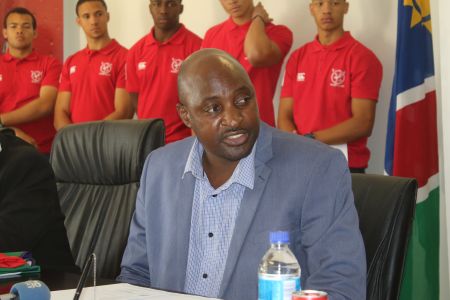 WINDHOEK, 21 August 2017 - Namibia Sports Commission (NSC) chief administrator Freddy Mwiya addressing the national under-20 rugby team during the colour-awarding ceremony, prior to their departure to Uruguay to compete in the Junior World Rugby Trophy from 29 August to 10 September. (Photo by: Maqonda Ndlovu) NAMPA 