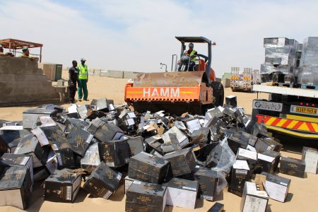 WALVIS BAY, 24 October 2017 - Counterfeit alcohol worth about N.dollars 20 million being destroyed at the Walvis Bay dump site. The alcohol brands are Johnnie Walker Red and Black label as well as Smirnoff Vodka. (Photo by: Paulus Kiiyala Shiku) NAMPA