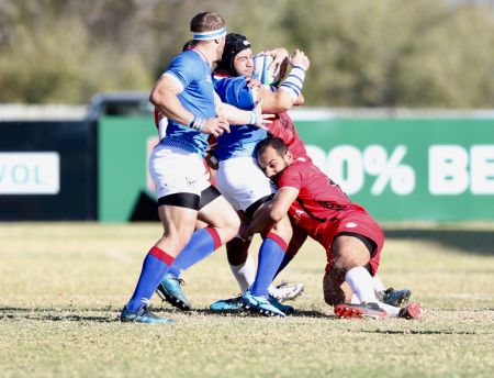WINDHOEK, 23 June 2018 - Namibia’s senior rugby team, Welwitschias player Rohan Kitshoff and Wian Conradie (in blue) while in action against Tunisia during their second match of the 2018 Rugby Africa Gold Cup at the Hage Geingob Stadium. (Photo by: Hesron Kapanga) NAMPA