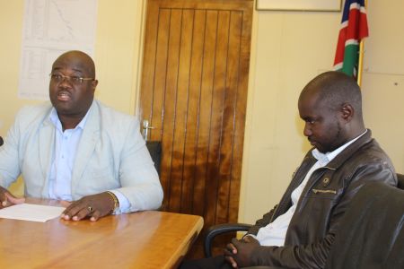OTJIWARONGO, 24 June 2019 - The Okakarara Trade Fair Executive Chairperson, Ernst Katjiku (L) at the official launch of the 2019 Okakarara Annual Trade Fair. The trade fair chief administrator, Golden Katjatako (R) also attended the launch on Monday at Otjiwarongo. (Photo by: Mulisa Simiyasa) NAMPA 