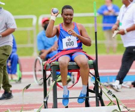 JOHANNESBURG, 20 March 2022 - Shot-put athlete Johanna Amukoto while in action during the 100-metre race at the 2022 SASAPD Championships in Johannesburg, South Africa. (Photo by: Hesron Kapanga) NAMPA