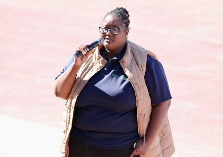 OSHAKATI, 12 June 2022 - The Deputy Director in the Ministry of Sport, Youth and National Service representing marginalised people and women in sport, Jo-Ann Manuel speaking at the opening ceremony of the 2022 NPC Athletics National Championships held at the Oshakati Stadium. (Photo by: Hesron Kapanga) NAMPA 