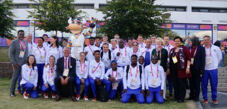 BIRMINGHAM, 26 July 2022 – The Namibian 2022 Birmingham Commonwealth Games team pictured at the Warwick Athletes Village during the flag hanging ceremony. (Photo by: Hesron Kapanga) NAMPA 