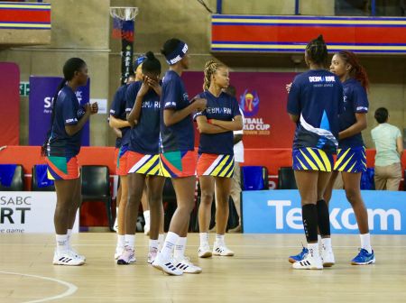 PRETORIA, 24 AUG (NAMPA) – Namibia's senior women’s netball team, the Debmarine Desert Jewels, pictured ahead of their 2023 Netball World Cup match against Botswana at the University of Pretoria (Tuks) Rembrandt Hall. (Photo by: Hesron Kapanga) NAMPA 