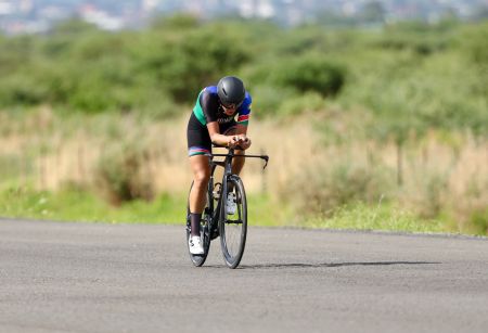 WINDHOEK, 26 January 2023 - Melissa Hinz in action during the Individual Time Trial at the 2023 Nedbank Namibia National Cycling Championships in Windhoek. (Photo by: Hesron Kapanga) NAMPA