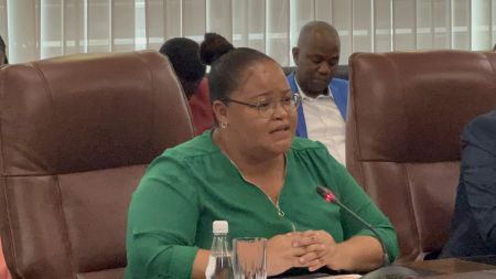 WINDHOEK, 15 February 2023 - The Executive Chairperson of the National Youth Council (NYC) Sharonice Busch during NYC's Courtesy Call to the President Hage Geingob at State House on Wednesday. (Photo by: Prime-Rose Harases) NAMPA