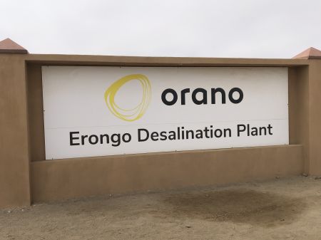 WLOTZKASBAKEN, 02 MAY 2023 - Signage of the Orano Erongo Desalination Plant located about 35 kilomtres from Swakopmund. (Photo by: Isabel Bento) NAMPA