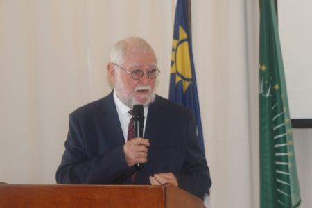 SWAKOPMUND, 08 MAY 2023 - Ministry of Agriculture, Water and Land Reform Minister Calle Schlettwein speaking at the opening of the planning workshop in Swakopmund on Monday. The week-long event is focusing on discussing the strategic plan as well as present a platform for various stakeholders to coordinate planning within the agricultural sector. (Photo by: Isabel Bento) NAMPA