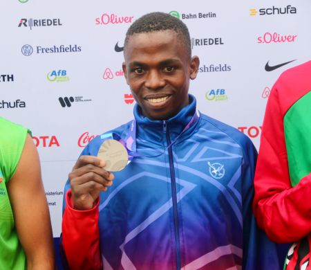 BERLIN, 20 June 2023 - Namibian middle-distance runner, Finamekeni Hamutenya poses with his silver medal after finishing second in the Level A 800m race at the 2023 Special Olympics World Games in Berlin, Germany. (Photo by: Hesron Kapanga) NAMPA