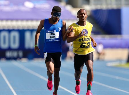 PARIS, 11 July 2023 – Paralympic sprinter Chris Kinda and his guide Riwaldo Goagoseb while in action at the Charlety Stadium during the women’s T11, 400 metres semi-finals at the International Paralympic Committee (IPC) 2023 World Para Athletics Championships in Paris, France. (Photo by: Hesron Kapanga) NAMPA