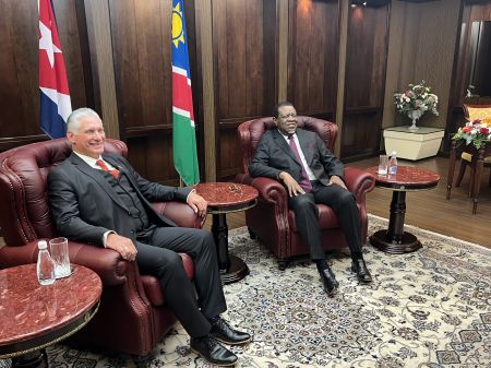 WINDHOEK, 28 August 2023 - Cuban President Miguel Diaz-Canel (L) pictured with President Hage Geingob (R) during his official State visit. (Photo by: Linea Dishena) NAMPA