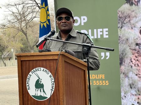 ETOSHA, 22 August 2023 - Minister of Environment, Forestry and Tourism, Pohamba Shifeta speaking during World Rhino Day. (Photo by: Linea Dishena) NAMPA 