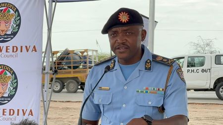 ONGWEDIVA, 30 November 2023 - Oshana NamPol Regional Commander, Commissioner Naftal Lungameni Sakaria speaking during the launch of the Oshana festive season operation. (Photo by: Maria David) NAMPA