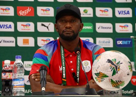 KORHOGO, 20 January 2024 – Brave Warriors coach Collin Benjamin while speaking at the media conference ahead of their match against South Africa at the Amadou Gon Coulibaly Stadium in Korhogo. (Photo by: Hesron Kapanga) NAMPA