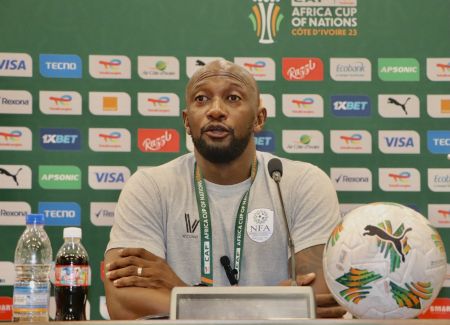 SAN PEDRO, 23 January 2024 – Brave Warriors head coach Collin Benjamin addressing the media ahead of their last group games at the 2023 Ivory Coast African Cup of Nations at the Stade Laurent Pokou in San Pedro. (Photo by: Hesron Kapanga) NAMPA