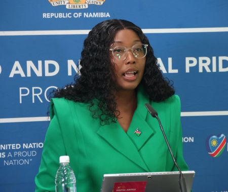 WINDHOEK, 09 January 2024 - Minister of Information and Communication Technology, Emma Theofelus, pictured while addressing the media at the Government Information Centre in Windhoek. (Photo by: Hesron Kapanga) NAMPA