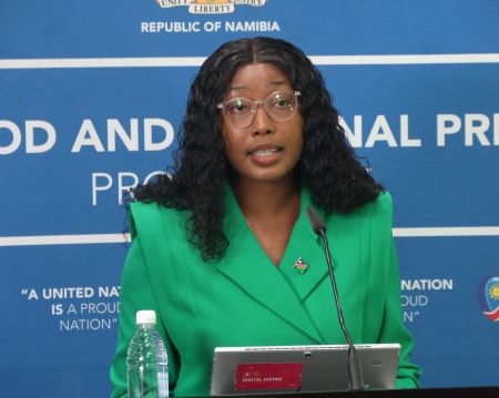 WINDHOEK, 09 January 2024 - Minister of Information and Communication Technology, Emma Theofelus, pictured while addressing the media at the Government Information Centre in Windhoek. (Photo by: Hesron Kapanga) NAMPA