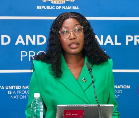 WINDHOEK, 09 January 2024 - Minister of Information, Communication and Technology, Emma Inamutila Theofelus while addressing the media at the Ministry's Information Centre in Windhoek. (Photo by: Hesron Kapanga) NAMPA