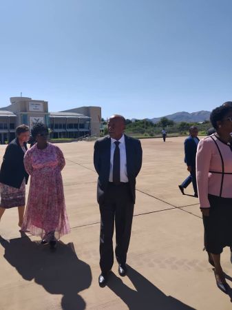 WINDHOEK, 04 March 2024 - President Nangolo Mbumba with Presidential Affairs Minister Christine &#449;Hoebes at the Eros Airport. (Photo by: Andreas Thomas) NAMPA 