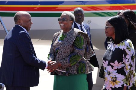 WINDHOEK, 05 March 2024 - President Nangolo Mbumba being welcomed back by Deputy President Netumbo Nandi-Ndaitwah and Prime Minister Saara Kuugongelwa-Amadhila at Eros Airport. (Photo: Contributed) 