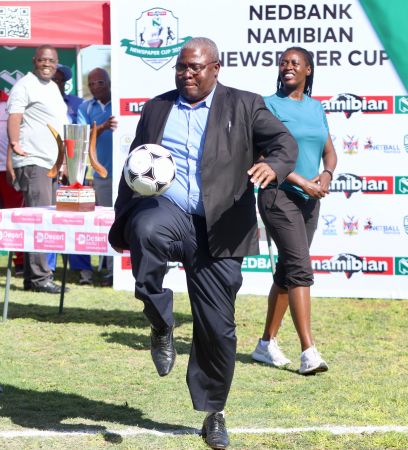GOBABIS, 29 March 2024 - Namibia Football Association President Robert Shimooshili kicking a ball during the opening ceremony of the 22nd edition of the Nedbank Namibian Newspaper Cup at the Legare Stadium in Gobabis, Omaheke Region. (Photo by: Hesron Kapanga) NAMPA