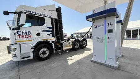 WALVIS BAY, 02 May 2024 - A dual-fuel truck being filled with hydrogen at the Cleanergy Solutions Hydrogen production and refuelling station at Walvis Bay. (Photo by: Isabel Bento) NAMPA