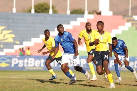 WINDHOEK, 13 May 2024 - Eshoke Chula Chula (in yellow) played against Blue Waters (in blue) in the PST Bet NFA Cup at the Independence Stadium in Windhoek on Sunday, with Chula Chula winning 3-2. (Photo: Contributed) 