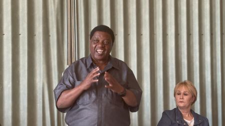 WALVIS BAY, 23 May 2024 - Minister of Labour, Industrial Relations and Employment Creation Uutoni Nujoma addressing hundreds of dissatisfied fishermen who were re-employed through the Government Redress Programme. (Photo by: Isabel Bento) NAMPA