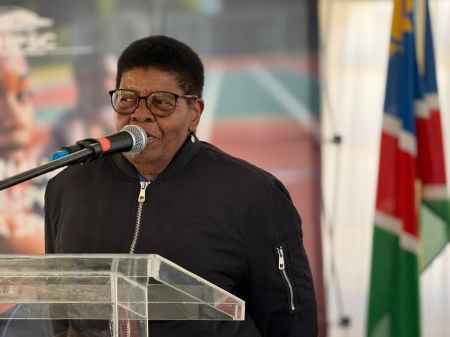 ONDANGWA, 07 June 2024 - Minister of Sport,Youth and National Service Agnes Tjongarero speaking at the official groundbreaking ceremony of the Northern Namibian High Performance Sports Centre (NNHPSC) at Ondangwa on Friday. (Photo by: Maria David) NAMPA