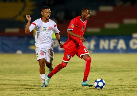 WINDHOEK, 28 July 2024 – African Stars striker Angelo Kuezi (red) and Pollen Rooi of Young Brazilian in action at the Independence Stadium during the final of the 2024 PstBet Namibia Football Association (NFA) Cup. (Photo by: Hesron Kapanga) NAMPA