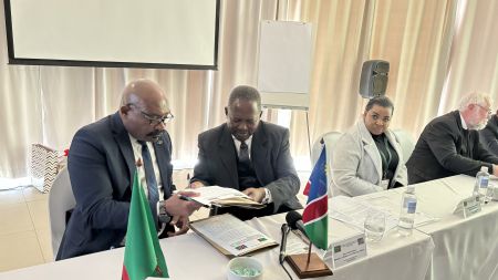 SWAKOPMUND, 01 August 2024 - Zambian Minister of Defence, Ambrose Lufuma and Namibian Minister of Defence and Veteran Affairs, Frans Kapofi, pictured at the 25th session of the Namibia/Zambia Joint Permanent Commission on Defence and Security, which took place in Swakopmund. (Photo by: Isabel Bento) NAMPA