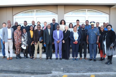 SWAKOPMUND, 06 August 2024 - Erongo Governor Neville Andre Itope, Anti-Corruption Commission Deputy Director General Advocate Erna van der Merwe and Swakopmund Mayor Dina Namubes pictured with other regional stakeholders as well as journalists in the Erongo Region after the ACC Erongo Regional Office annual media briefing which took place at Swakopmund. (Photo: Contributed)