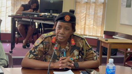 OSHAKATI, 14 August 2024 -Oshikoto Regional Commander commissioner Teopolina Kalompo-Nashikaku speaking at a briefing on Wednesday. (Photo by Maria David)NAMPA