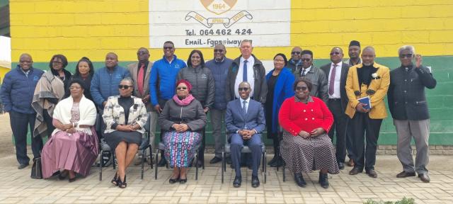 SWAKOPMUND, 16 August 2024 - Vice President Netumbo Nandi-Ndaitwah, Education Minister Anna Nghipondoka, Erongo Governor Neville Andre Itope and the Principal of the Festus !Gonteb Lenga Abraham among MPs, local and regional leaders as well as Chairman and members of Escalate Investment photographed at the handover ceremony of the newly constructed school boundary wall on Friday. (Photo by: Isabel Bento) NAMPA