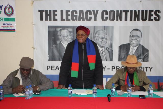 SWAKOPMUND, 16 August 2024 - Swapo Party Vice President and presidential candidate Netumbo Nandi-Ndaitwah addressing party leaders in the Erongo Region on Friday. Nandi-Ndaitwah is flanked by Party regional coordinator in Erongo Daniel Muhuura (R) and leader assigned to the region, Alfeus !Naruseb (L). (Photo by: Isabel Bento) NAMPA