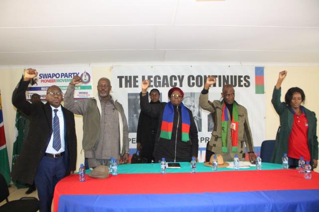 SWAKOPMUND, 16 August 2024 - Swapo Party Vice President and presidential candidate Netumbo Nandi-Ndaitwah addressed party leaders in the Erongo region on Friday. Nandi-Ndaitwah is flanked by the party’s regional coordinator in Erongo, Daniel Muhuura (r);  leader assigned to the region Alfeus !Naruseb (l) and Erongo Governor Neville Andre Itope (far left). (Photo by: Isabel Bento) NAMPA