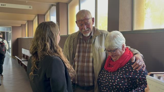 SWAKOPMUND, 23 August 2024 - Jan Carlo and Susan Horn pictured with Antonia Joschko after the sentencing of Jandre Dippenaar in the Swakopmund Magistrate's Court on Friday. (Photo by: Isabel Bento) NAMPA