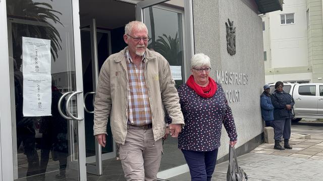 SWAKOPMUND, 23 August 2024 - Jan Carlo and Susan Horn leaving the Swakopmund Magistrate's Court where 41-year-old Jandre Dippenaar was sentenced to a 15 years imprisonment after he was found guilty on six counts of murder, as well as reckless driving and driving without a valid driver’s licence. (Photo by: Isabel Bento) NAMPA