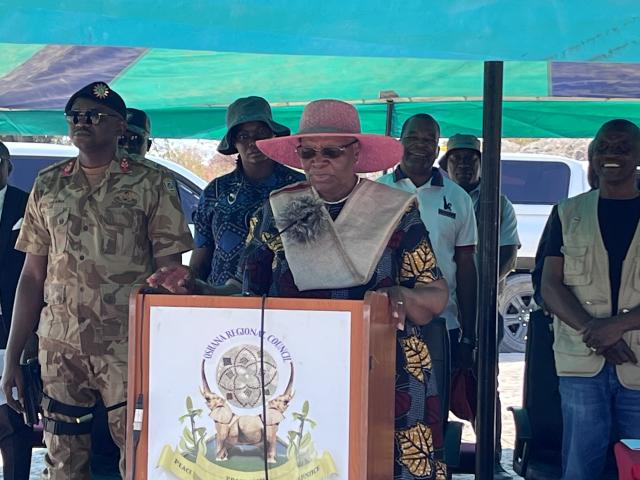 ONGWEDIVA, 29 August 2024 - Vice President Netumbo Nandi-Ndaitwah addressing the community at Onyeka village during the handover of community earth dams. (Photo by: Andreas Thomas) NAMPA 