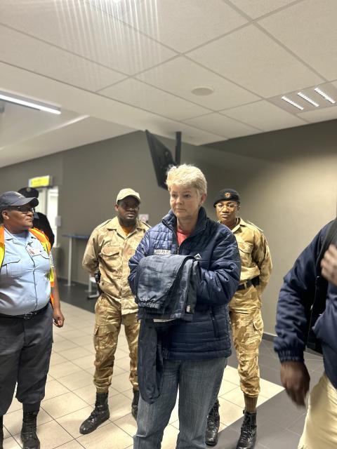 WINDHOEK, 29 August 2024 -  Maria Coetzee, who stands accused of stealing N.dollars 2.8 million from the Windhoek International School, was extradited from South Africa on Thursday. Coetzee is pictured here upon her arrival at the Hosea Kutako International Airport. (Photo by: Eba Kandovazu) NAMPA