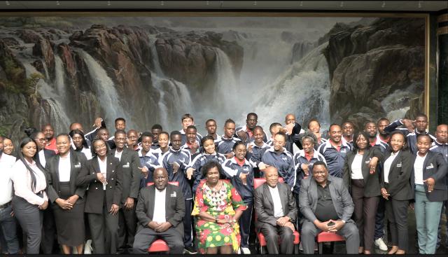 WINDHOEK, 29 August 2024 - President Nangolo Mbumba pictured with the team competing in the 47th World Skills Competition. (Photo by: Sheila Perestrelo) NAMPA