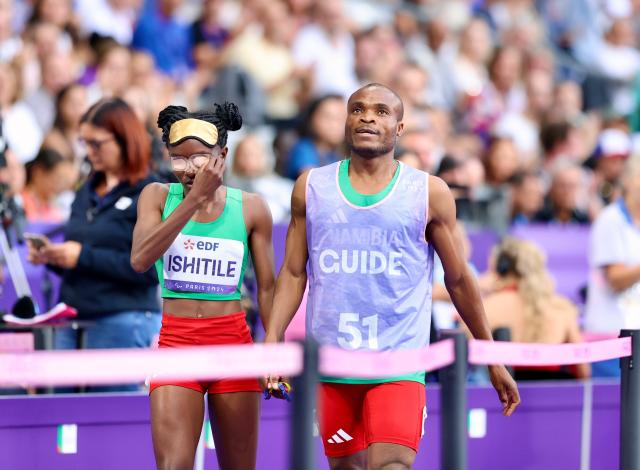 PARIS, 02 September 2024 – Paralympic sprinter Lahja Ishitile and her guide Sem Shimanda pictured after the women’s T11 100 metre (m) semi-finals at the Paris 2024 Paralympic Games at the Stade de France in Paris, France. (Photo by: Hesron Kapanga) NAMPA