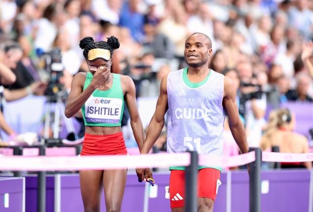 PARIS, 02 September 2024 – Paralympic sprinter Lahja Ishitile and her guide Sem Shimanda pictured after the women’s T11 100 metre (m) semi-finals at the Paris 2024 Paralympic Games at the Stade de France in Paris, France. (Photo by: Hesron Kapanga) NAMPA